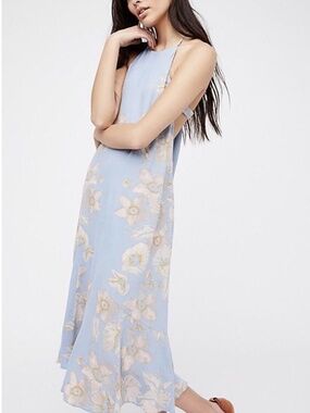 Free People Blue Floral Open Back Midi Dress Medium